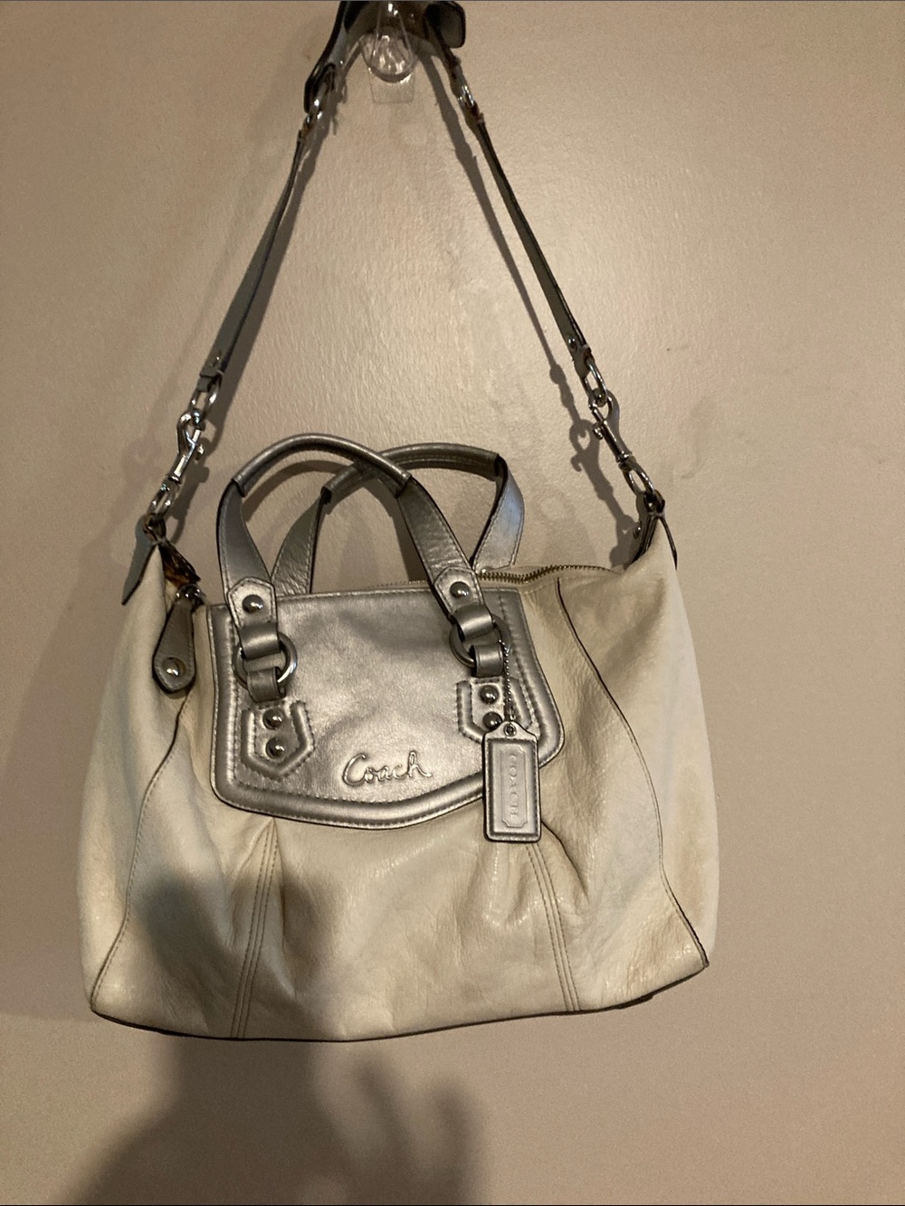 Coach Cream and Silver Leather Shoulder Bag